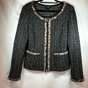St. John Black and Ivory Tweed Jacket with Feathered Trim, Size 12